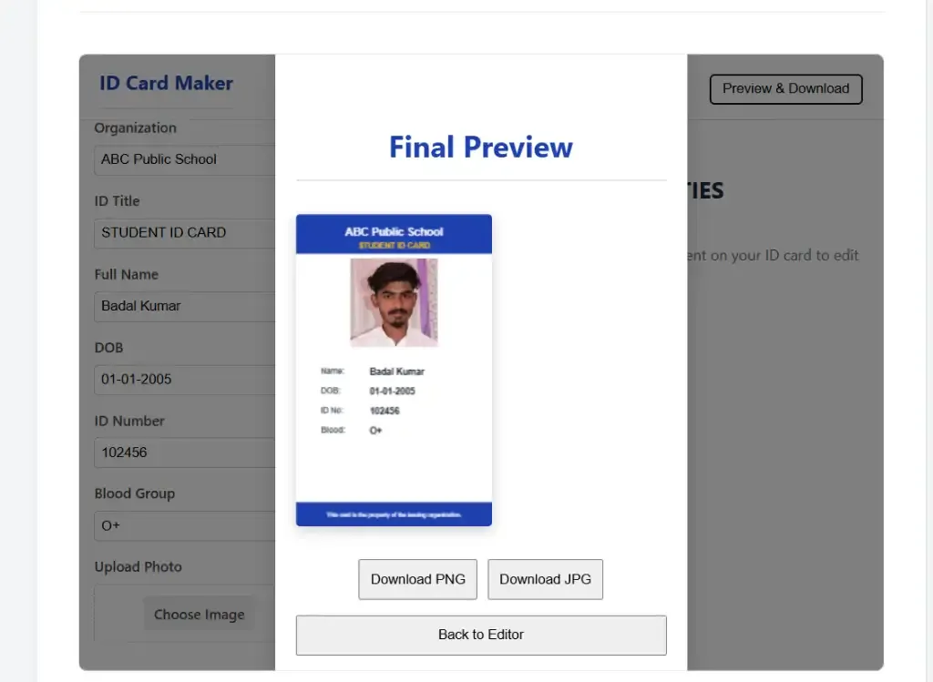 Download ID card in high quality PNG or JPG format