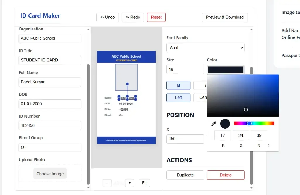 Edit ID card fonts text and properties online