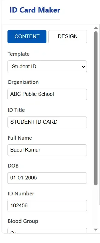 Fill details for student employee or visitor ID card