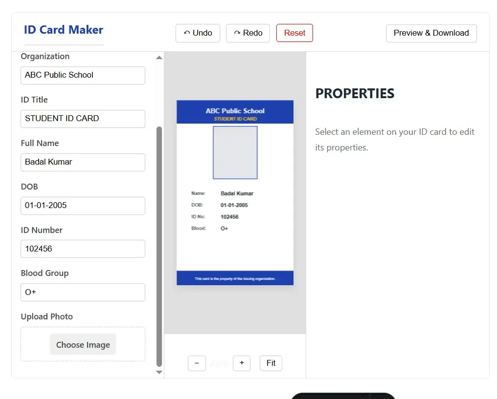 Free ID card maker online dashboard layout