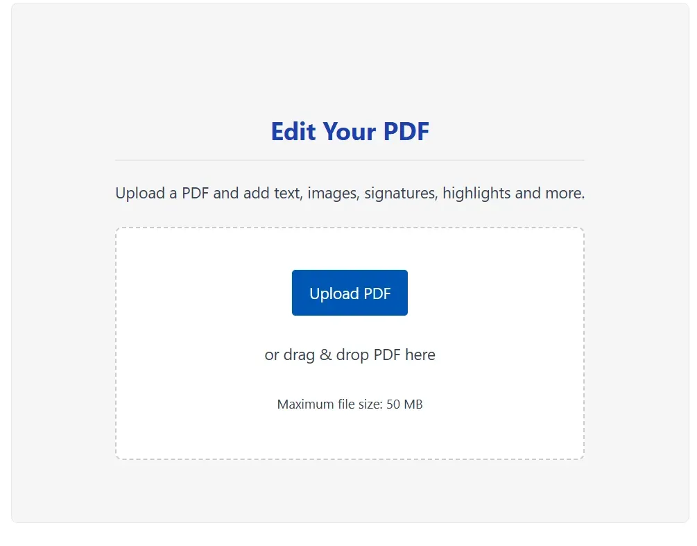 Online Edit PDF Upload Screen