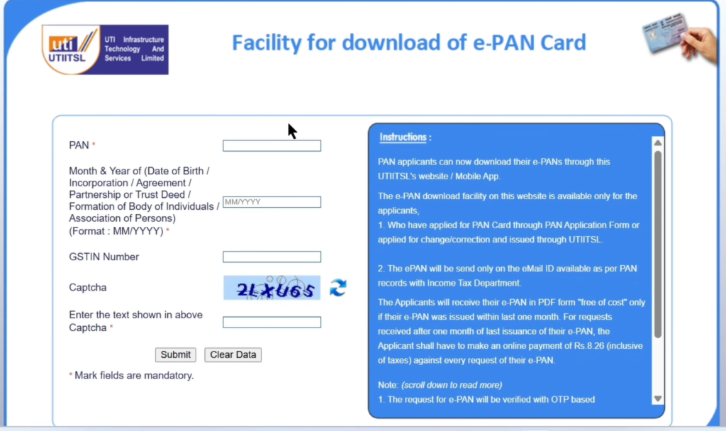 Pan Card Download from UTIITSL method